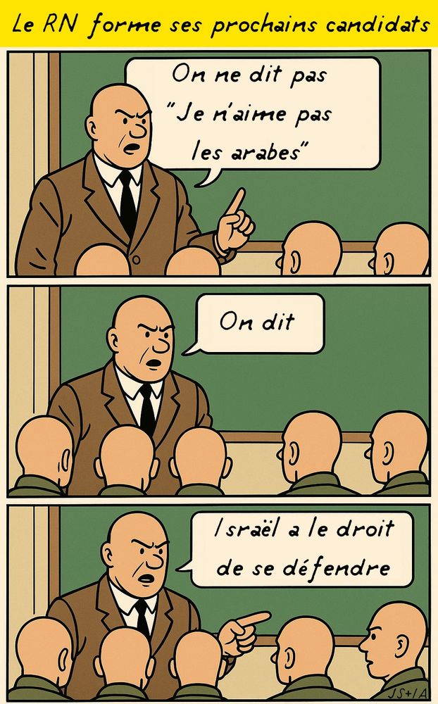 Titre 'Le RN forme ses prochains candidats'
Dans une salle de classe le professeur parle a des eleves le crane rasé.
il dit 'On ne dit pas "Je n'aime pas les arabes, on dit Israel a le droit de se défendre" 