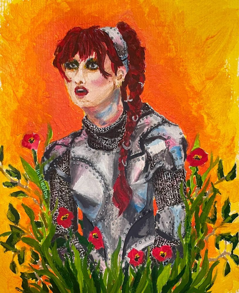 acrylic painting of Chappell Roan in her armor outfit from the vmas 2024 performance of Good Luck Babe, surrounded by poppies with a fiery orange and yellow background