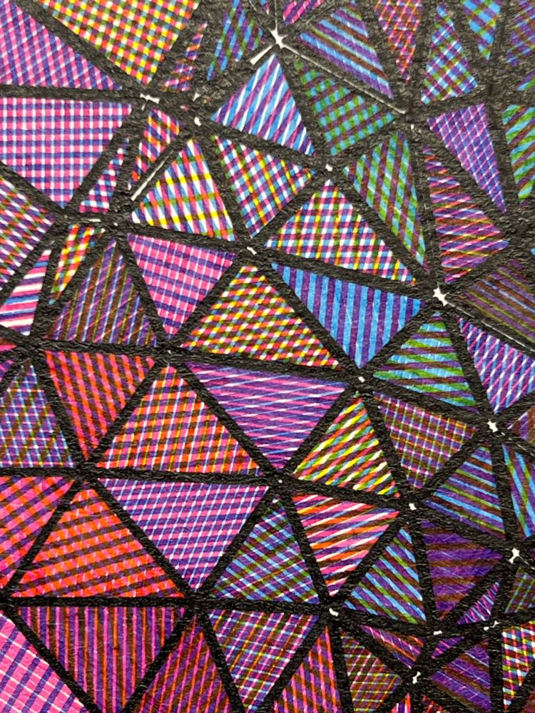 Detail from an abstract pen plot on white paper in portrait orientation of tightly packed black outlined triangles arranged in a subtle wave pattern from upper left to lower right each hatch shaded with a different color from overlapping cyan, yellow, and magenta inks. The detail shows individual pen strokes comprising the hatch shading.