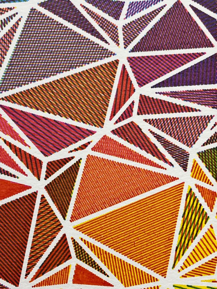 Detail from an abstract pen plot on white paper in portrait orientation of tightly packed triangles arranged in a subtle wave pattern from upper left to lower right each hatch shaded with a different color from overlapping cyan, yellow, and magenta inks. The detail shows individual pen strokes comprising the hatch shading.

