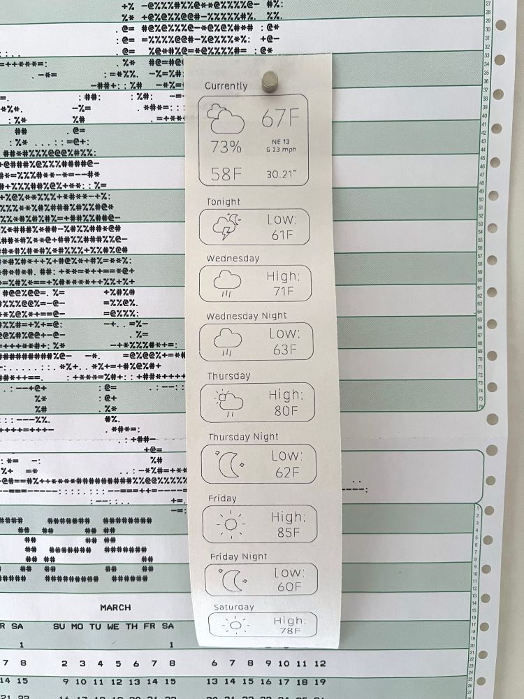 A plotted page of current and forecast weather on 2.25" wide receipt paper in black ink on top of a wide tractor feed green bar paper with an ASCII Snoopy and a part of the 2025 calendar.