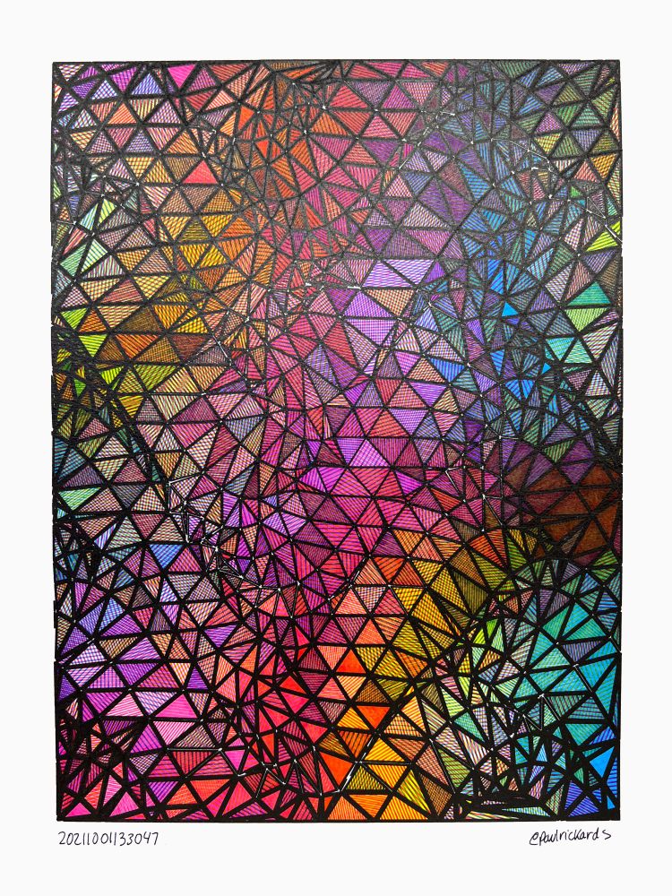 An abstract pen plot on white paper in portrait orientation of tightly packed black outlined triangles arranged in a subtle wave pattern from upper left to lower right each hatch shaded with a different color from overlapping cyan, yellow, and magenta inks. A lighter spot of color is in just above the center.
