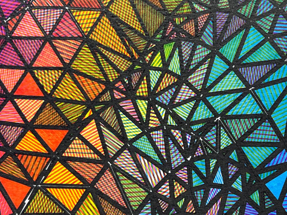 Detail from an abstract pen plot on white paper in portrait orientation of tightly packed black outlined triangles arranged in a subtle wave pattern from upper left to lower right each hatch shaded with a different color from overlapping cyan, yellow, and magenta inks. The detail shows individual pen strokes comprising the hatch shading.
