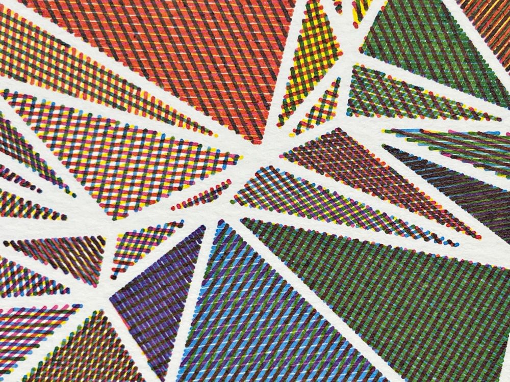 Detail from an abstract pen plot on white paper in portrait orientation of tightly packed triangles arranged in a subtle wave pattern from upper left to lower right each hatch shaded with a different color from overlapping cyan, yellow, and magenta inks. The detail shows individual pen strokes comprising the hatch shading.
