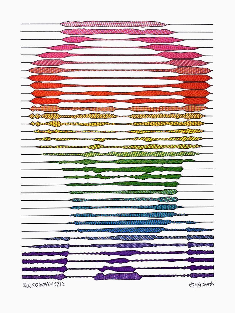 An abstract portrait of Harvey Milk comprised of 34 horizontal lines that modulate thicker or thinner based on the portrait and are one shade of a rainbow continuous outlined in black. The shading is from cross hatching of pen strokes of cyan, yellow, and magenta inks.
