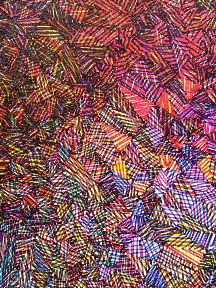 Detail from an abstract pen plot on white paper in portrait orientation of tightly packed triangles arranged in a subtle wave pattern from upper left to lower right each hatch shaded with a different color from overlapping cyan, yellow, and magenta inks.  The shading is disorganized so it has a shaggy, fuzzy texture about it. The detail shows individual pen strokes comprising the hatch shading.