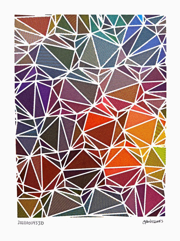 An abstract pen plot on white paper in portrait orientation of tightly packed triangles arranged in a subtle wave pattern from upper left to lower right each hatch shaded with a different color from overlapping cyan, yellow, and magenta inks. A lighter spot of color is in just above the center.
