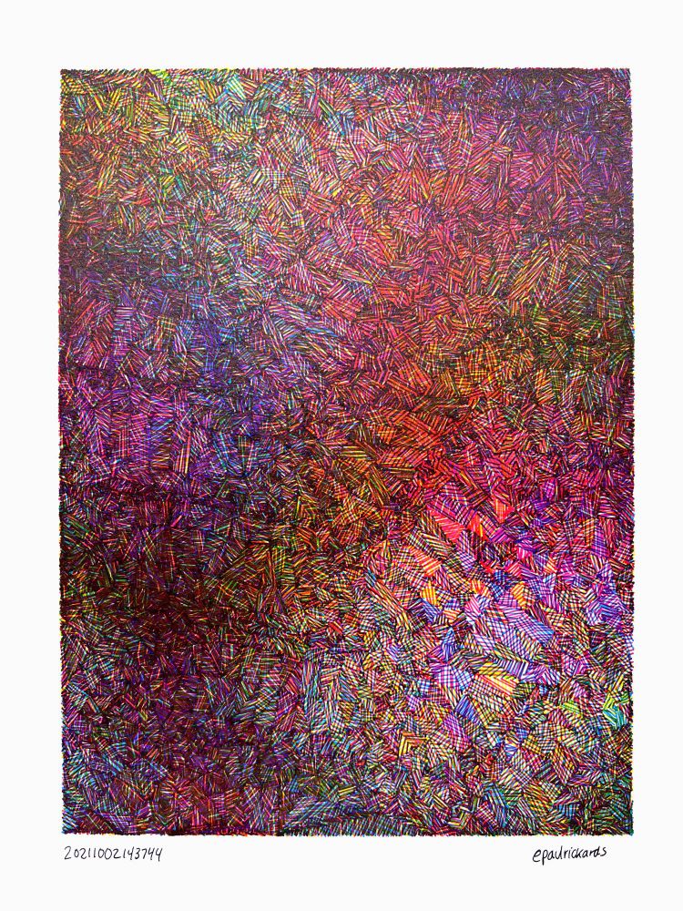 An abstract pen plot on white paper in portrait orientation of tightly packed triangles arranged in a subtle wave pattern from upper left to lower right each hatch shaded with a different color from overlapping cyan, yellow, and magenta inks. The shading is disorganized so it has a shaggy, fuzzy texture about it.
