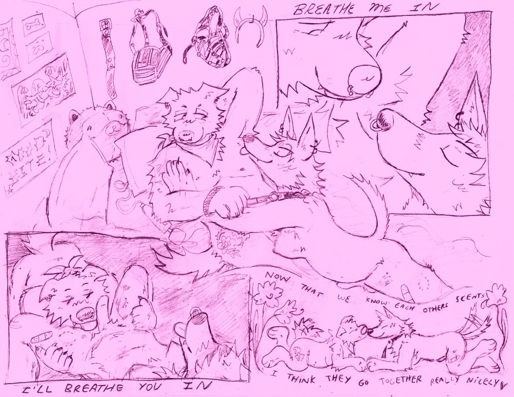 sketchpage of 2 doggies who are really really into each other a lot. like a lot. one has floppy ears and is a shepherdy mutt (they/he), the other is a pointy eared dobie mix (she/he/it). they are sniffin and licking and cuddling. main image features pointy eared cutie licking/sniffing floppy eared mutts pit and lying ontop of them on a bed with lots of pillows. muzzles, devil headband, a collar, and some artwork are hung up on the bedroom walls. top right panel is a closeup of pointy ear pup pit sniffin, lookin so sweet and happy and relaxed, floppy eared pup gazes down affectionately. text above reads "breathe me in". bottom left panel shows floppy eared pup between the legs of pointy pup licking its junk, bite marks visible on her thighs. text below reads "i'll breathe you in" bottom right doodle of the two of them touching snouts with text "now that we know each others scents, i think they go together really nicely <3"