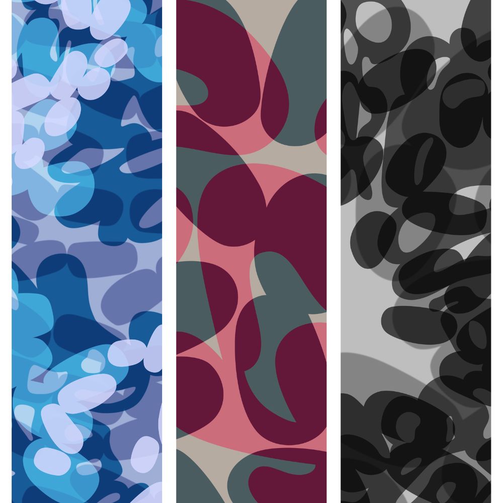 Three vertical rectangles on a white background. In each rectangle is a snippet (detail) of a repeating fabric design. The left rectangle has a blue and violet, abstract, overlapping lonzenge pattern. The middle rectangle has a grey and pale crimson, abstract, overlapping blob pattern. And the rectangle on the right has a black and grey, abstract, lozenge and amorphous blob pattern.