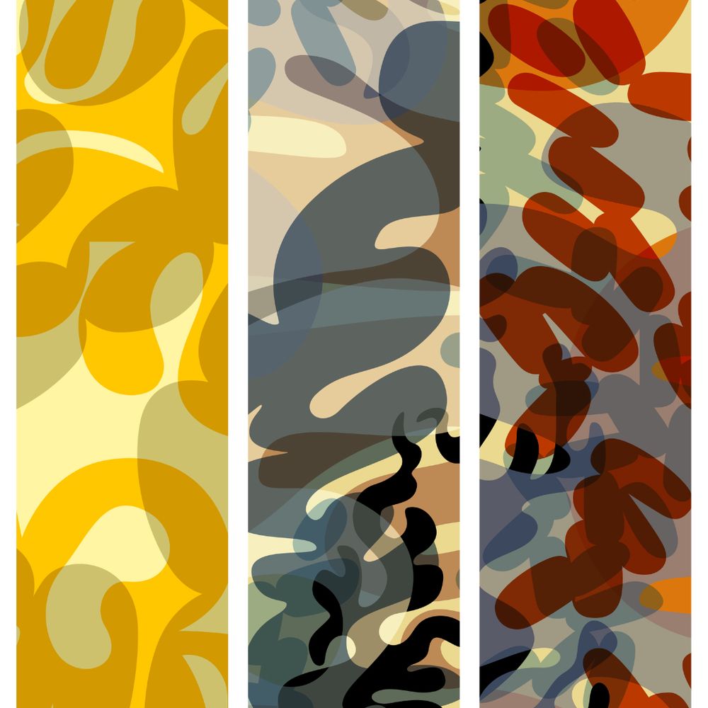 Three vertical rectangles on a white background. In each rectangle is a snippet (detail) of a repeating fabric design. The left rectangle has a golden yellow and pale green-grey, abstract, overlapping blob pattern. The middle rectangle has a grey, beige and black, abstract, overlapping lozenge and blob pattern that represents smoke and flame. And the rectangle on the right has a similar abstract lozenge and blob pattern representing fire and smoke in red, grey, pale blue, and black.