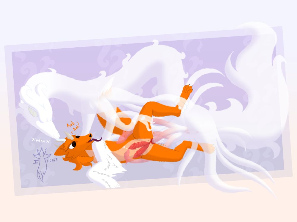 Fog penetrating The Fox's vagina from behind, while holding and lifting their right leg, and licking their head. One of Fog's penises also touches head with one of The Fox's.