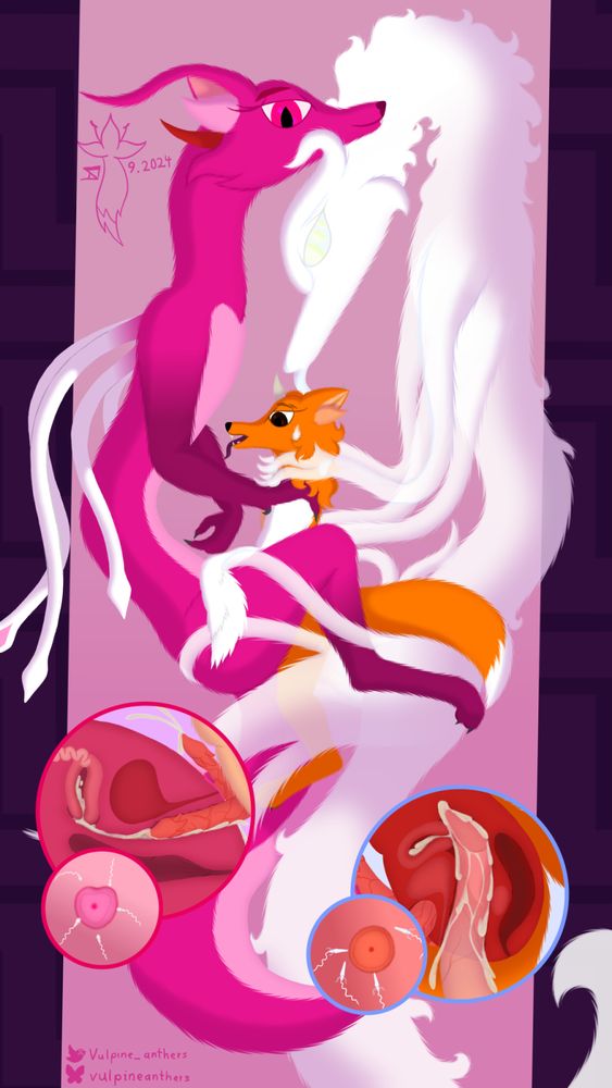 A bisexual sandwich between Fog the foggy dragon, The Fox, and Desideria the lust dragon. With internal & impregnation view.