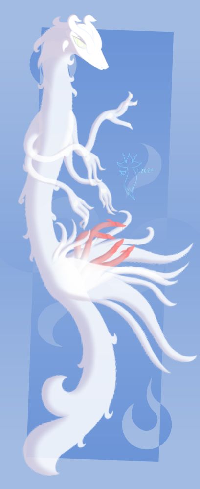 Fog the foggy dragon
Foggy dragons appear to be beings made out of mist. They have four arms, and their legs separate into four tendrils. The only real physical part of a foggy dragon is their snout and their paw pads, while the rest of the body is tangible up to the dragon's will. These dragons have four prehensile penises that can stretch up to one meter in lenght; aditionally, they also have a feminine apparatus, meaning they bear both sexes.
