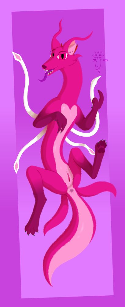Desideria the lust dragon spreading her legs.
lust dragons are furred dragons with pink-violet fur, a light-pink furless belly and four tendrils coming from their upper back. The name of the species is due to the pheromones they secrete from their smooth skin section which act as potent aphrodisiacs. These dragons also have the ability to change their sex voluntarily.