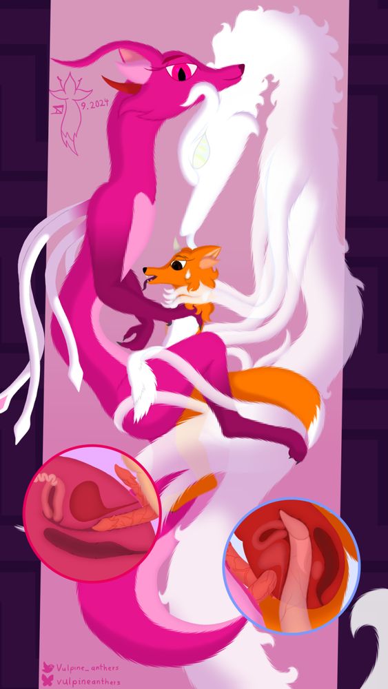 A bisexual sandwich between Fog the foggy dragon, The Fox, and Desideria the lust dragon. With internal view.