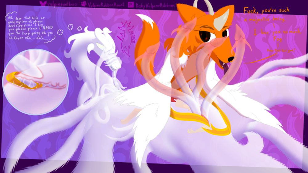 A scene of Dakel the fox pleasuring Fog the foggy dragon by introducing her ribbons in his vagina. The Fox is also licking one of Fog's four penises. Fog is covering his face while seemingly lost in thoughts of pleasure. An internal view shows Dakel's ribbon inside Fog's vaginal track.