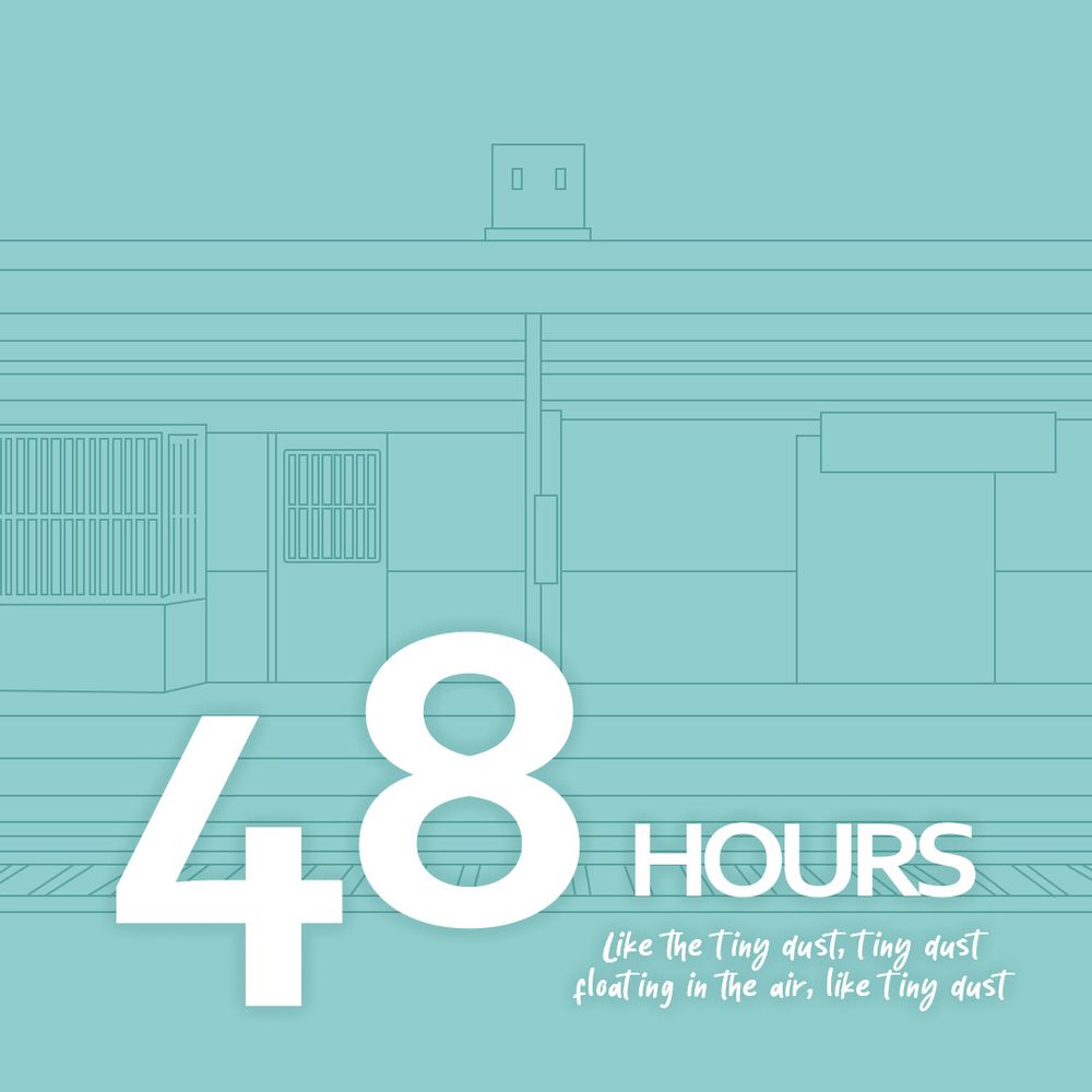 Teal poster with dark teal lines showing a tracing of the train station from BTS’s music video Spring Day. Bold white words on the poster say 48 Hours, plus smaller italic text with the words “Like the tiny dust, tiny dust, floating in the air, like tiny dust.”