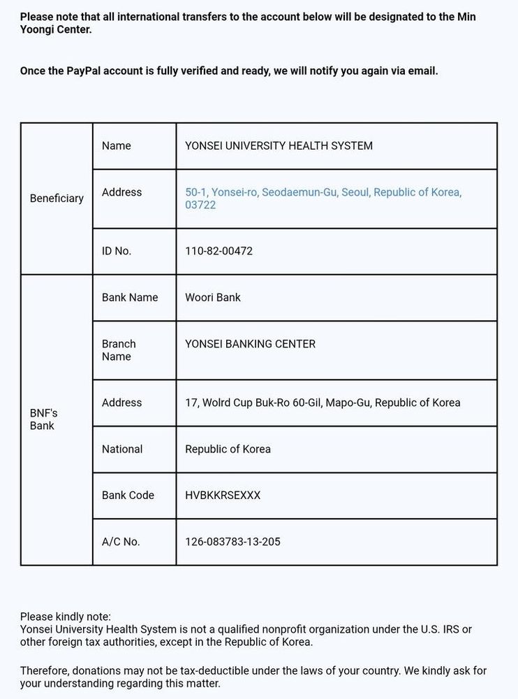 Table with bank donation info. Please DM for info if needed.