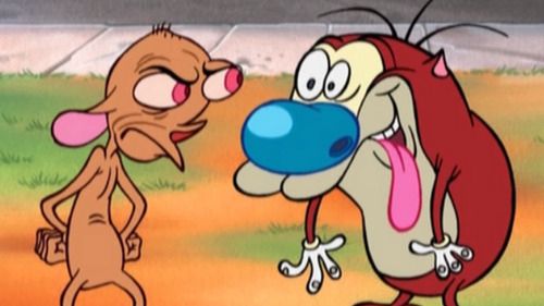 Ren, annoyed, side-eyeing a particularly goofy Stimpy on someone's lawn.