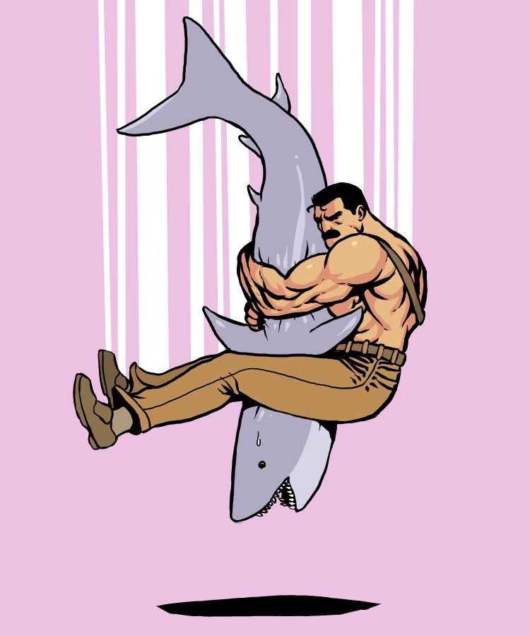 Haggar from "Final Fight" pile driving a shark, from someone called jnkboy's deviant art page.