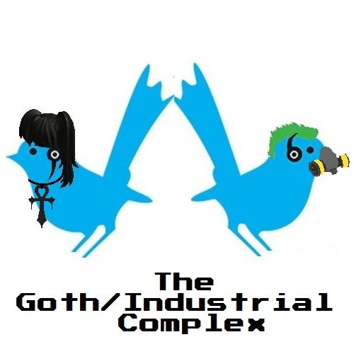 Updated Goth/Industrial Complex logo - the blue wren on the left has a goth girl haircut, and a choker with an ankh hanging off it, the one on the right has a green mini mohawk and a filtered respirator on.