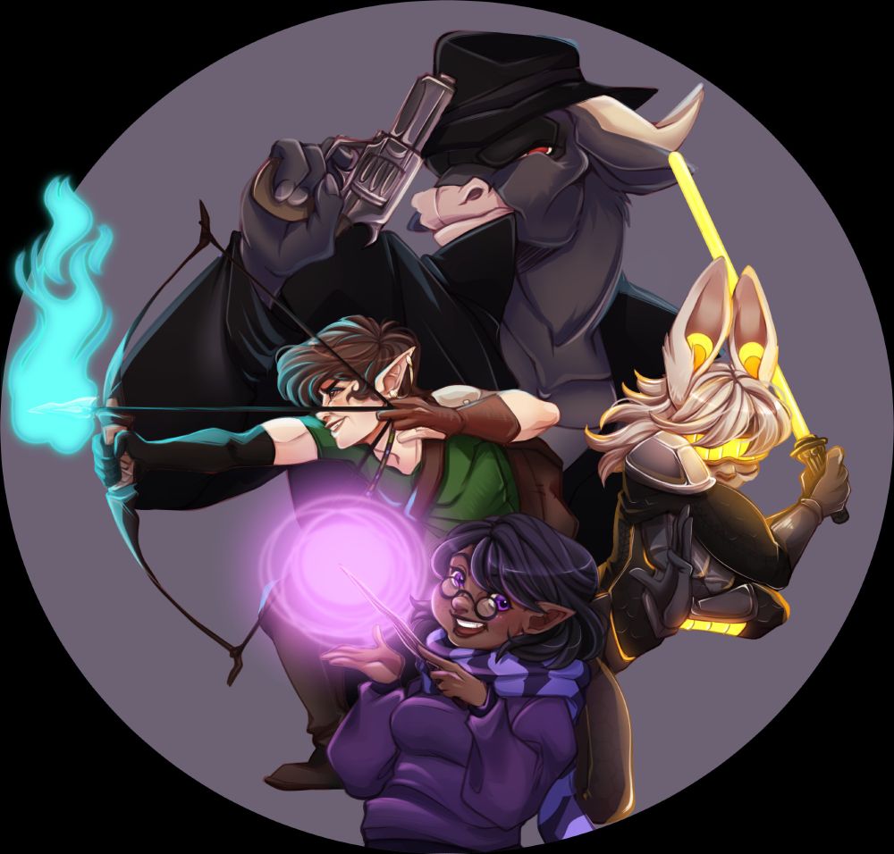 A picture of 4 TTRPG characters from different eras; a noir minotaur with a revolver, an elf arcane archer, any orycotal with a plasma sword and a wizard gnome with a scarf and jumper.