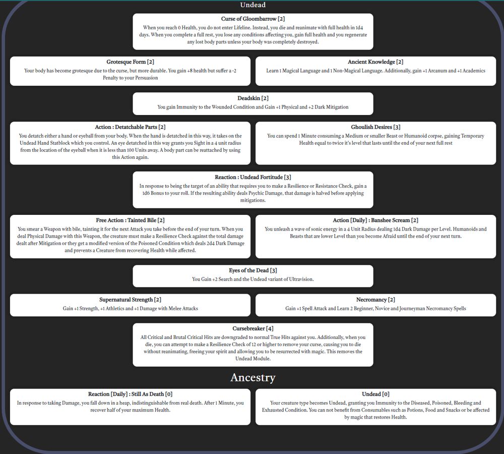 A module for a ttrpg with several skills and abilities for undead characters. 