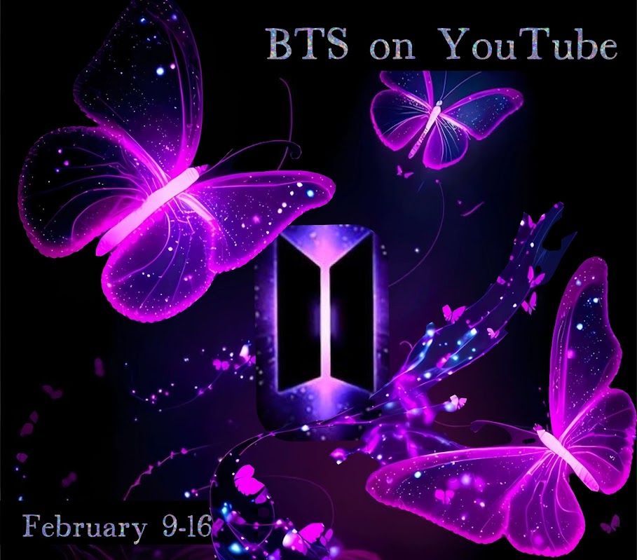 pink and purple neon butterflies circling the BTS logo