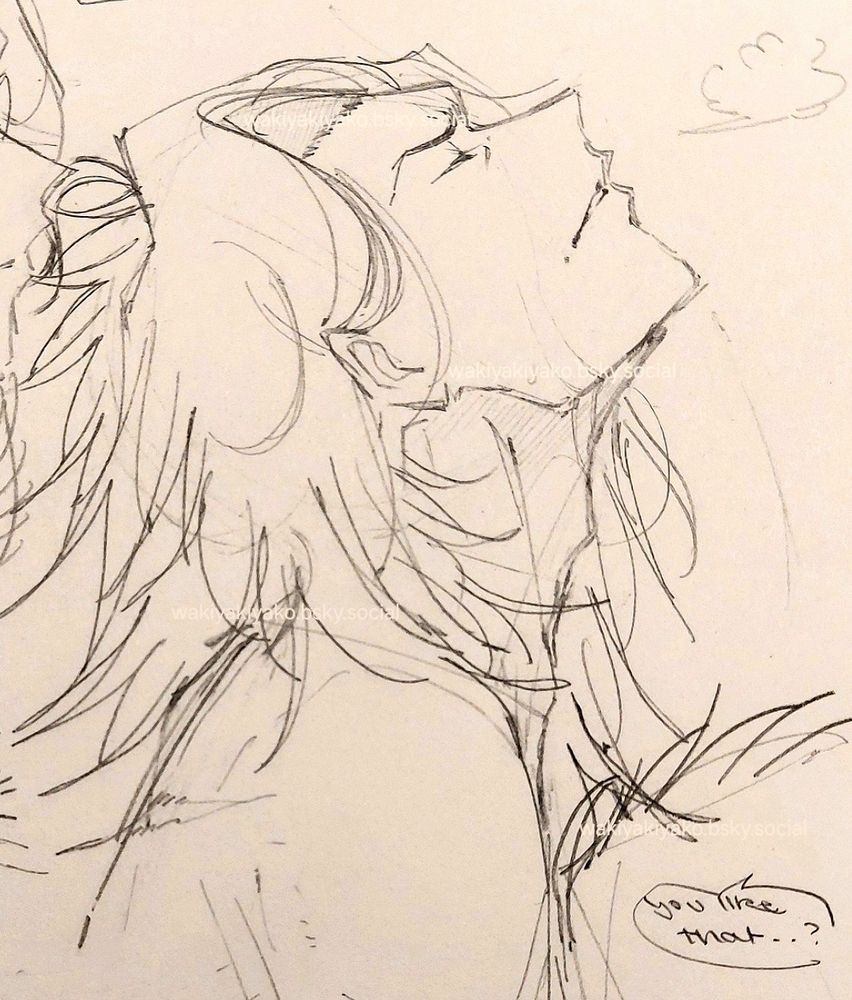 rough pencil sketch of diamond. He tilts his head upwards.