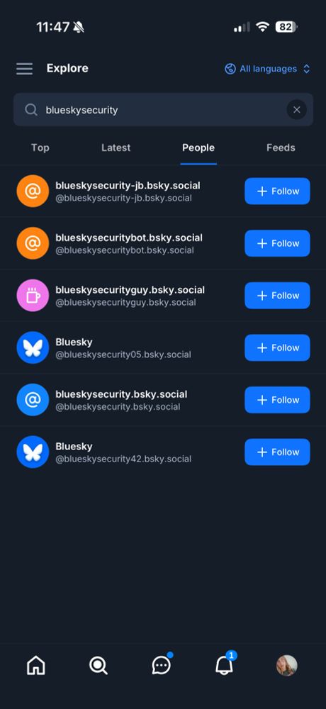 screenshot of fake bluesky security accounts. 