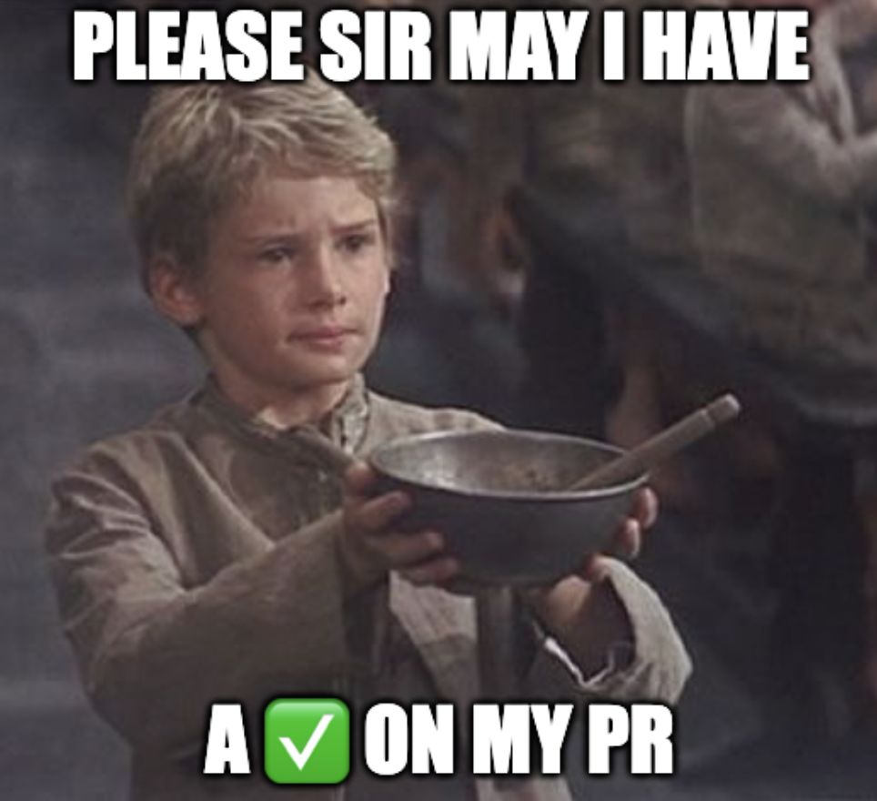 a boy holding up an empty bowl asking "please sir may i have a ✅ on my PR"