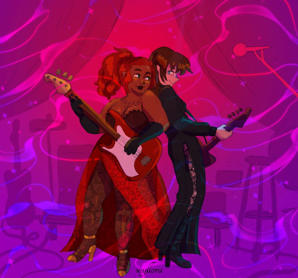 Two characters stand back to back on a purple and red-lit stage. The woman to the left is in a deep red dress and playing the guitar, and her platonic nonbinary bestie is to her right, in a sharp black outfit, playing the bass. Swirls of color weave around them. 