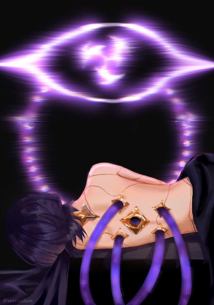scaramouche lying on the bed or operating table with purple tubes connected to his back and ei's chakra desiderata ring thing in the background
