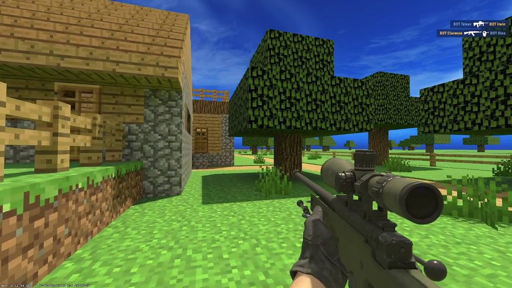 "First-person screenshot of a Minecraft world with a Counter-Strike 2 AWP sniper rifle held in the foreground. Blocky wooden houses, oak trees, and green grass terrain are visible. Player names like BOT Telson and BOT Clarence appear in the top-right killfeed."