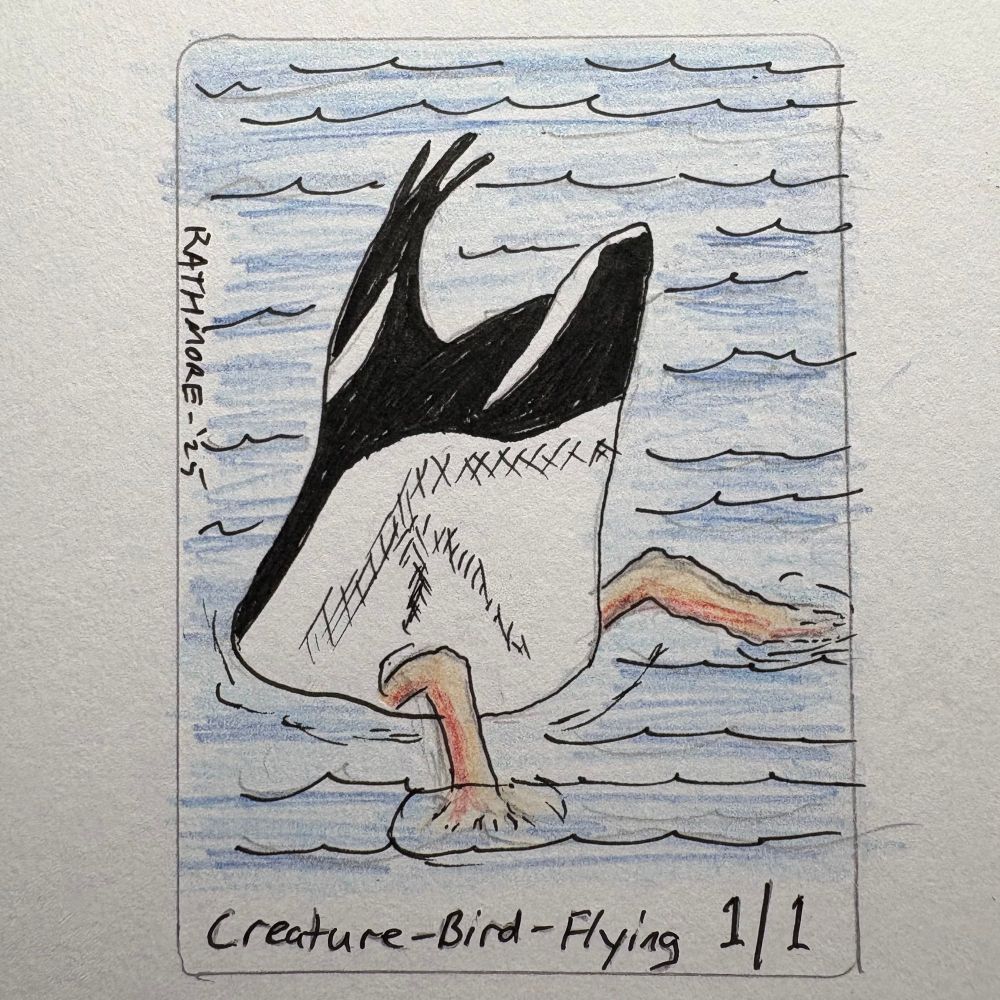Duck with its head down in water and its butt up in the air, its legs kicking behind it. The duck is black and white, and its legs are orange. It swims in rippling blue water. The card reads “1/1 Creature - Bird - Flying”