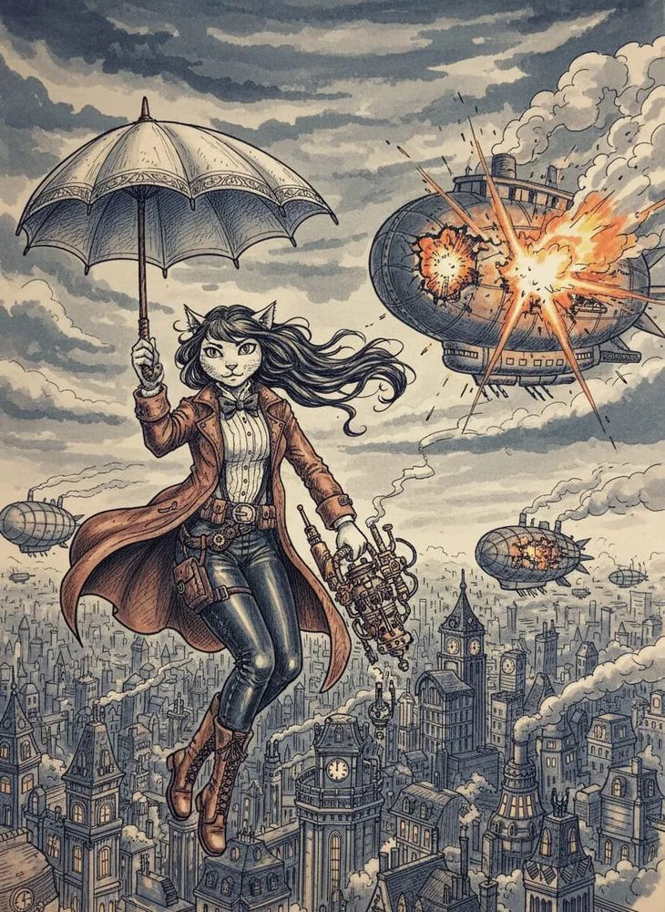 AI image done in printmaking style mixed with anime. an anthropmorphic Victorian steampunk cat burglar using a parasol to parachute down from the skies. In the back ground is an exploding airship or two and a great view of the city