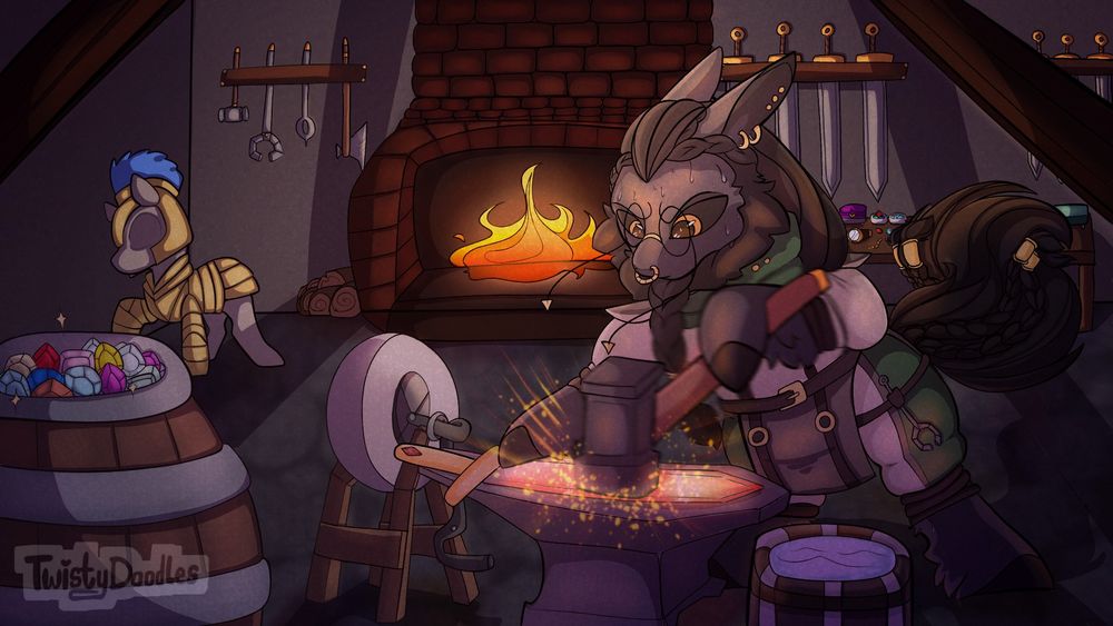 A pony blacksmith with dark black fur, black sclera, and braided dwarven-like hair/beard is hammering a forged sword in the middle of a dimly lit workshop