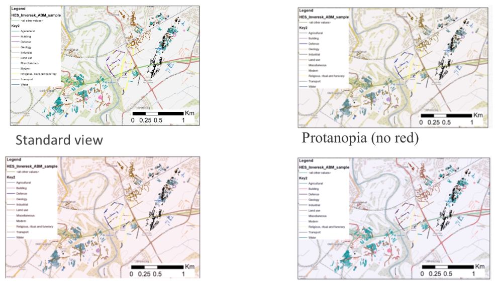 Screenshot of  the multiperiod archaeological landscape, mapped from cropmark evidence,  at Inveresk, East Lothian showing the standard presentation of the data and how people with different colour vision conditions view the same data