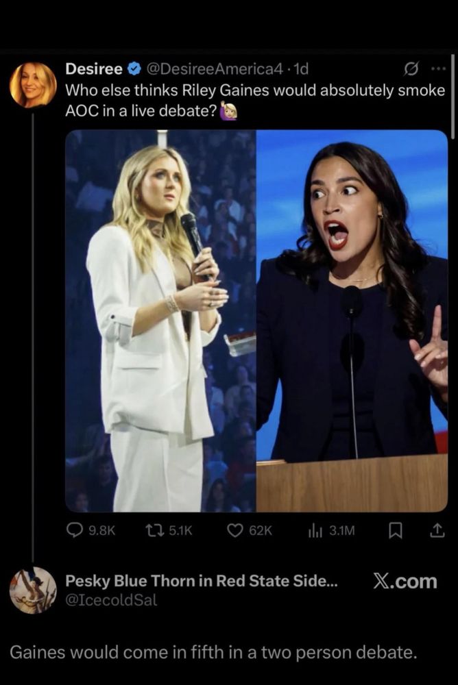 Tweet shows photos of Riley Gaines and AOC and asks “Who else thinks Riley Gaines would absolutely smoke AOC in a live debate?”
A second person responds with, “Gaines would come in fifth in a two-person debate.”