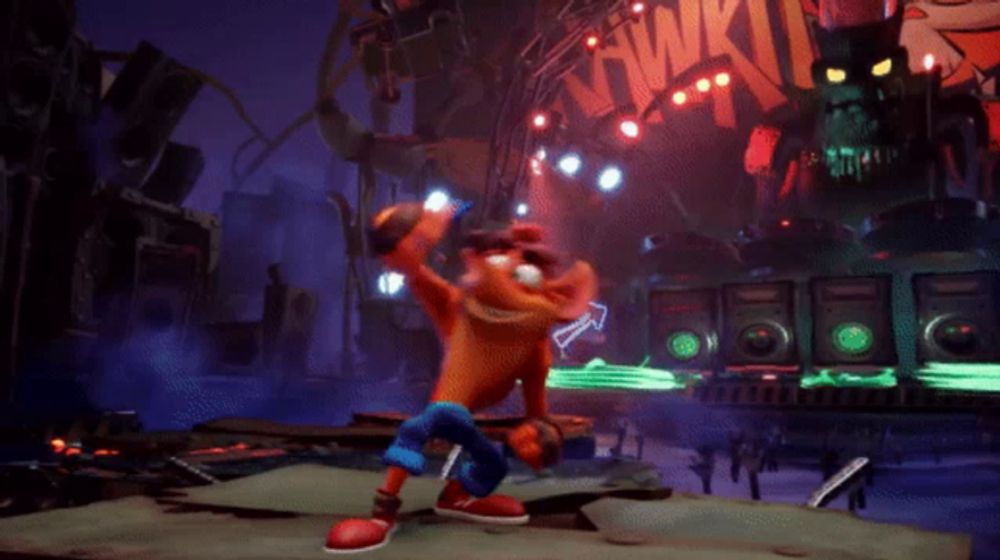 crash bandicoot is dancing in front of a sign that says wkn