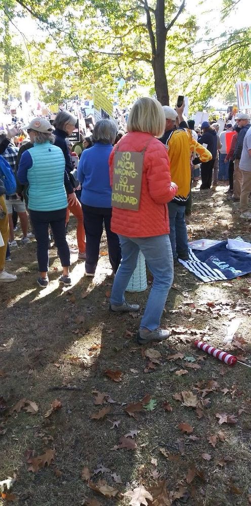 Cardboard sign reads: “So much wrong, so little cardboard.”