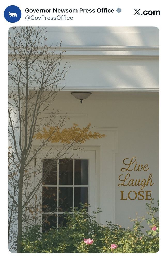 AI photo shows exterior of Oval Office with signage reading: “Live Laugh
LOSE,” poking fun at Trump aid putting up sign that read “Oval Office.”
