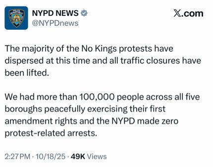 The majority of the No Kings protests have dispersed at this time and all traffic closures have been lifted.
We had more than 100,000 people across all five boroughs peacefully exercising their first amendment rights and the NYPD made zero protest-related arrests.