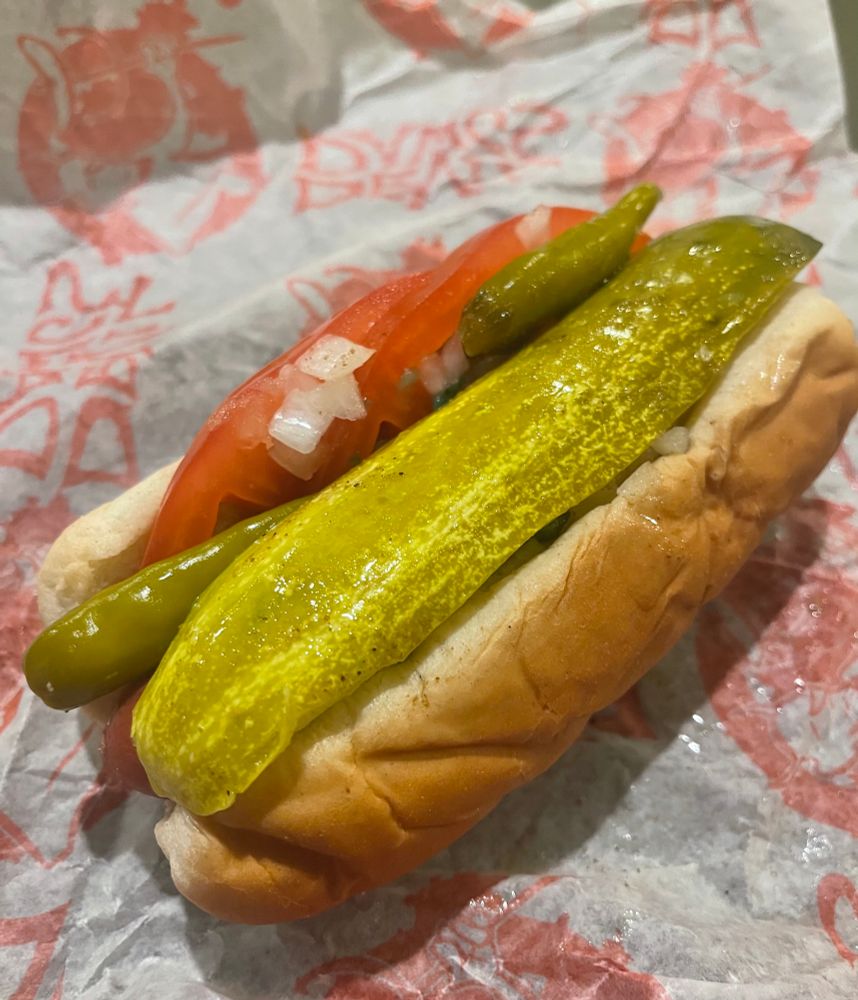A fully dressed Chicago dog from Devil Dogs. 