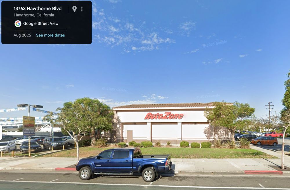 Text copied from image:

13763 Hawthorne Blvd Hawthorne, California Google Street View Aug 2025

Auto Zone