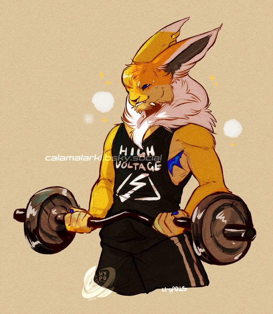 A messy waist up sketch of an anthro jolteon lifting weights
