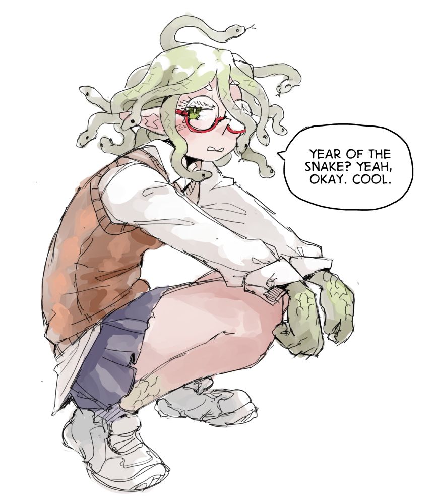 Digital illustration of a medusa girl with scaled hands and a school outfit squatting down and looking disinterested. Text: "Year of the Snake? Yeah, okay. Cool."