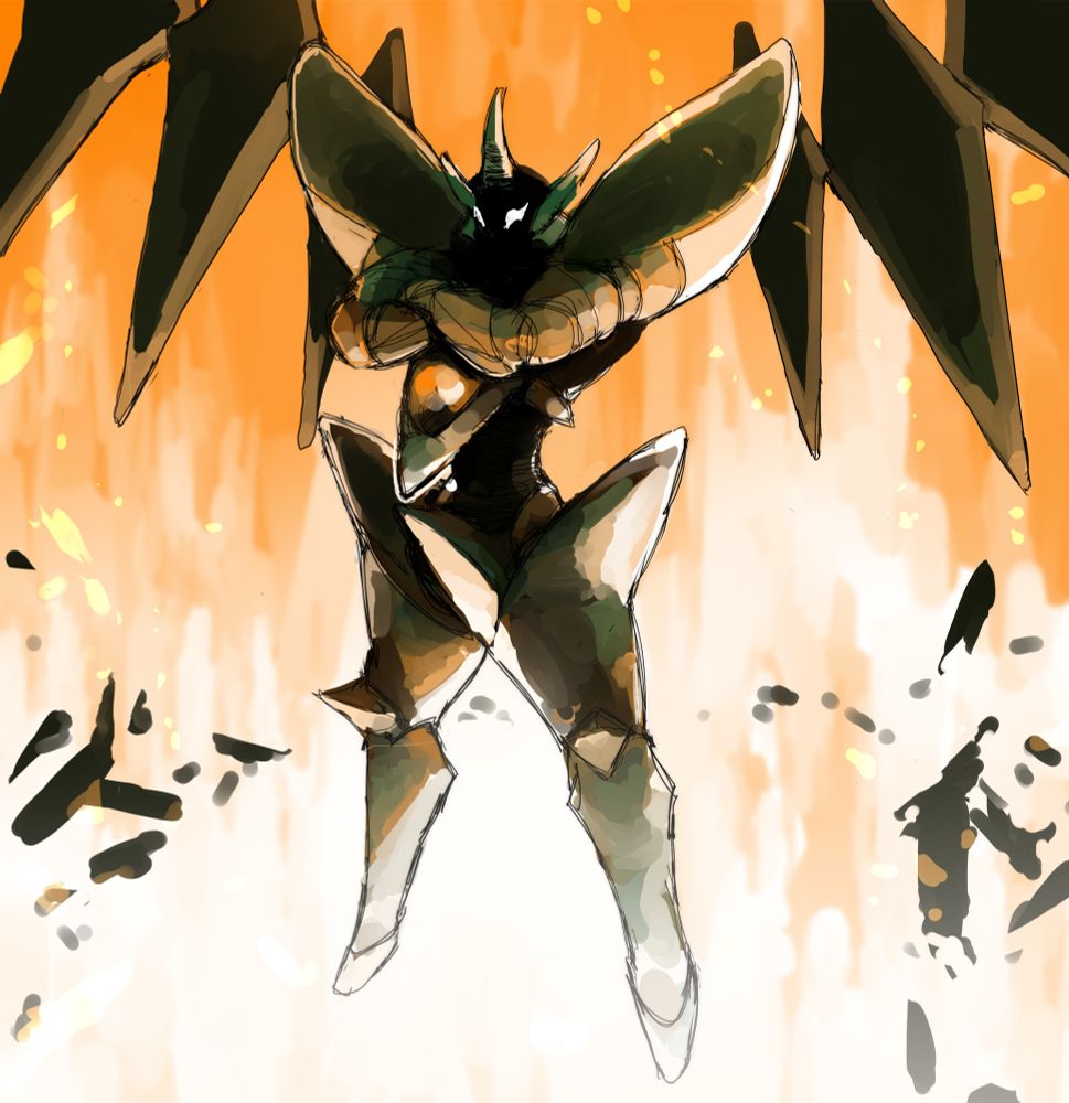 A digital paint illustration of a giant robot floating in front of a wall of fire as debris circles it. The robot has dark shadows on its face with only sharp angular eyes visible, and its arms are crossed. An array of six diamond shaped funnels are arrayed in a curve behind it. 