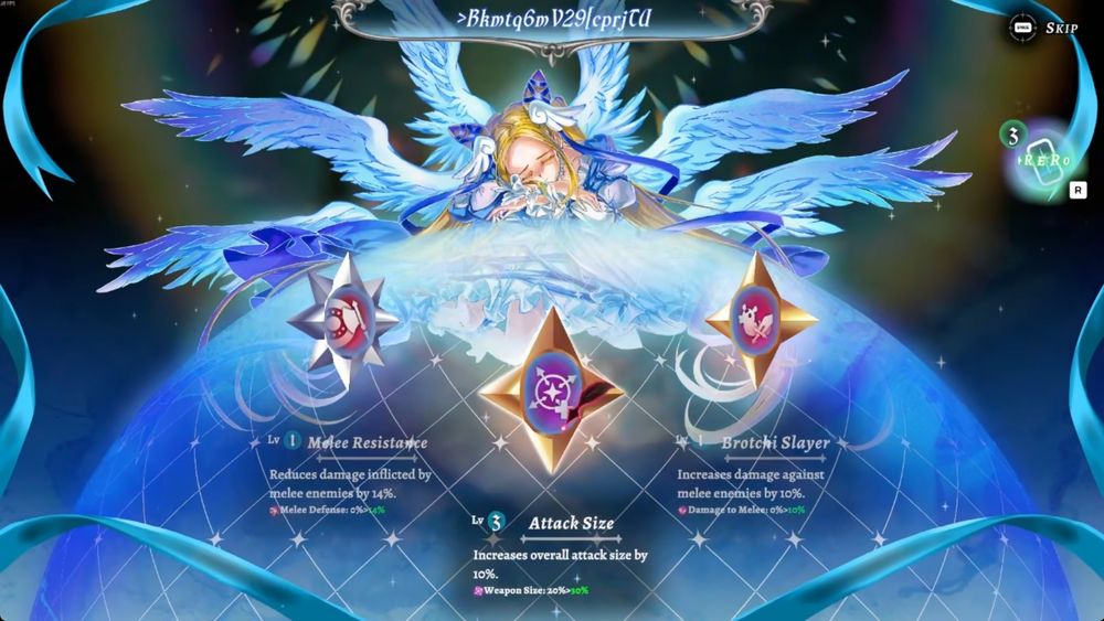 A screenshot from Hell Maiden showing the Beatrice's Favor upgrade screen. A woman with blonde hair and six angel wings rests on a globe of light with three upgrades to select.